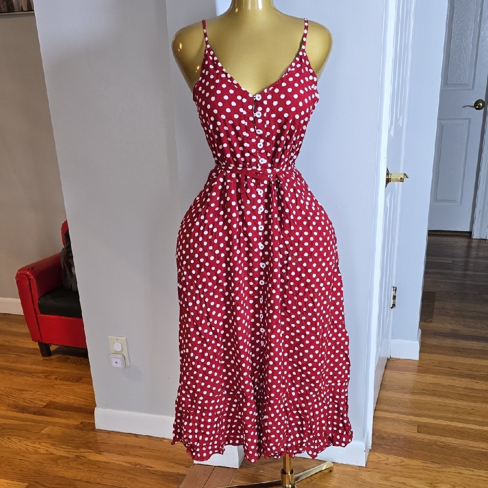 Red Polka Dot Spaghetti Strap Midi Dress
